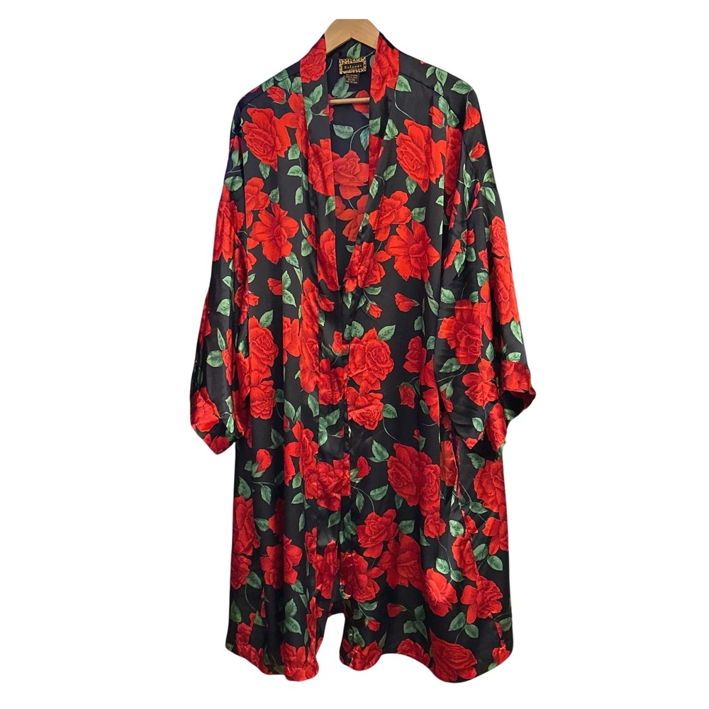 Vintage 90's Style Solange Satin Robe Red Rose Floral Romantic Gothic Glamour
